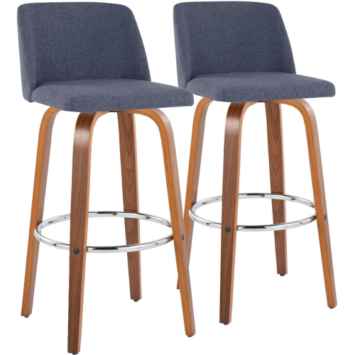 Toriano 30" Swivel Bar Stool in Walnut Wood & Blue Fabric with Chrome Footrest (Set of 2)